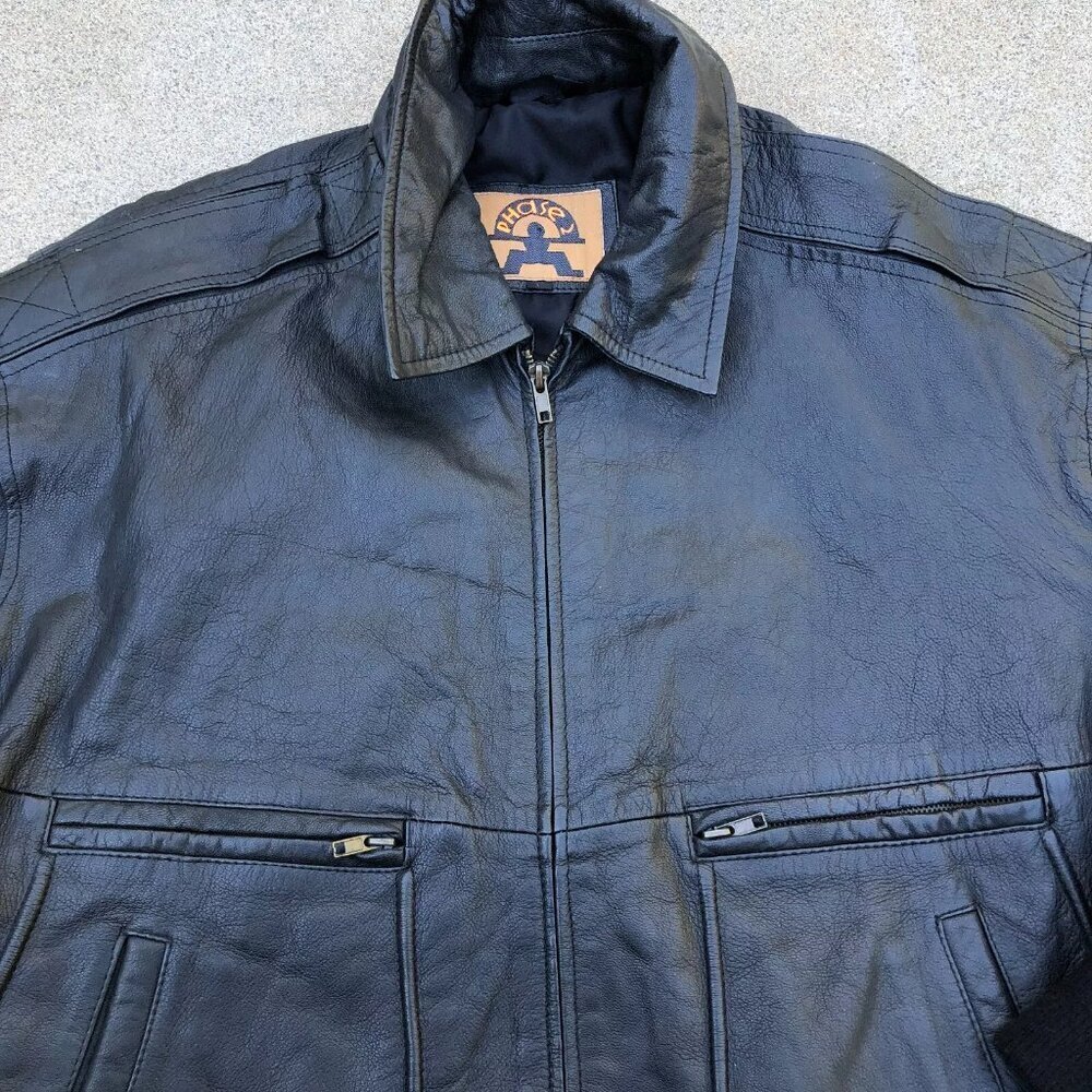 Vintage PHASE 2 Leather Bomber Jacket Men's XL Motorcycle Black Full Zip Coat - Picture 12 of 12